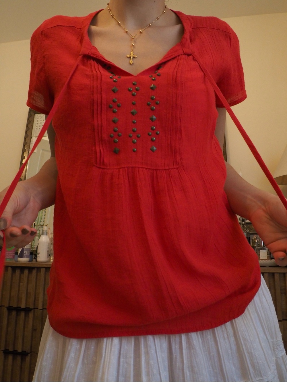 Vintage Liz Claiborne Red Studded Pintuck Short-Sleeve Tee